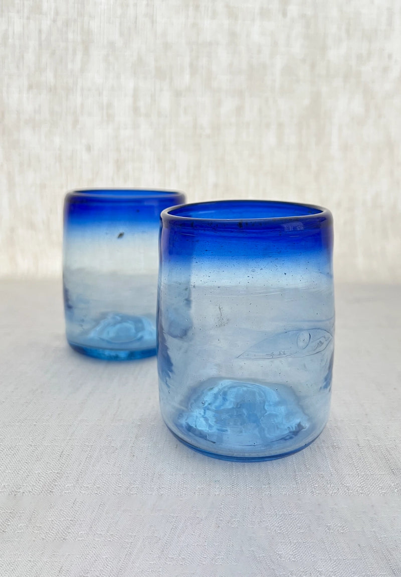 Blue Rim Large Handblown Glass Tumblers, Hebron, Palestine, Set of 2