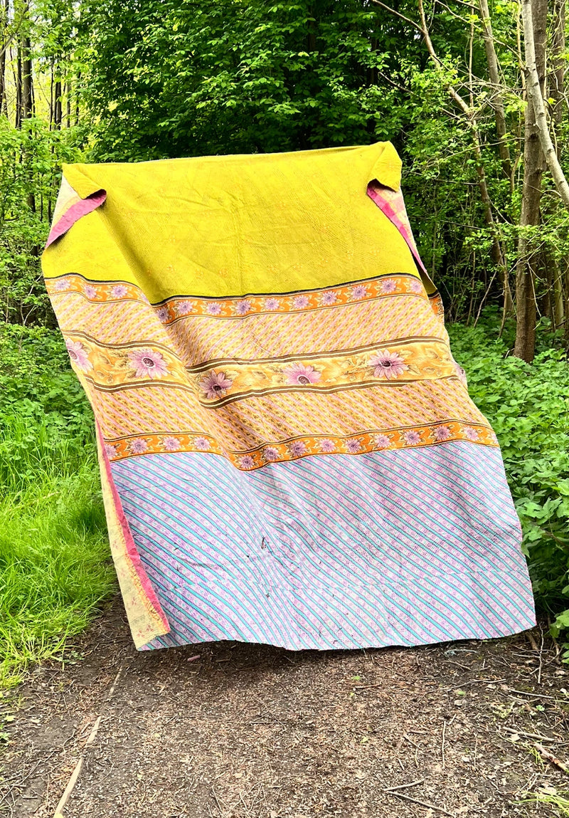Iraja Yellow Floral Kantha Quilt