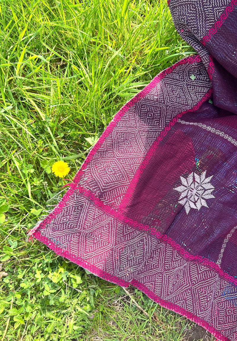 Maanika  Purple Floral Vintage Kantha Quilt