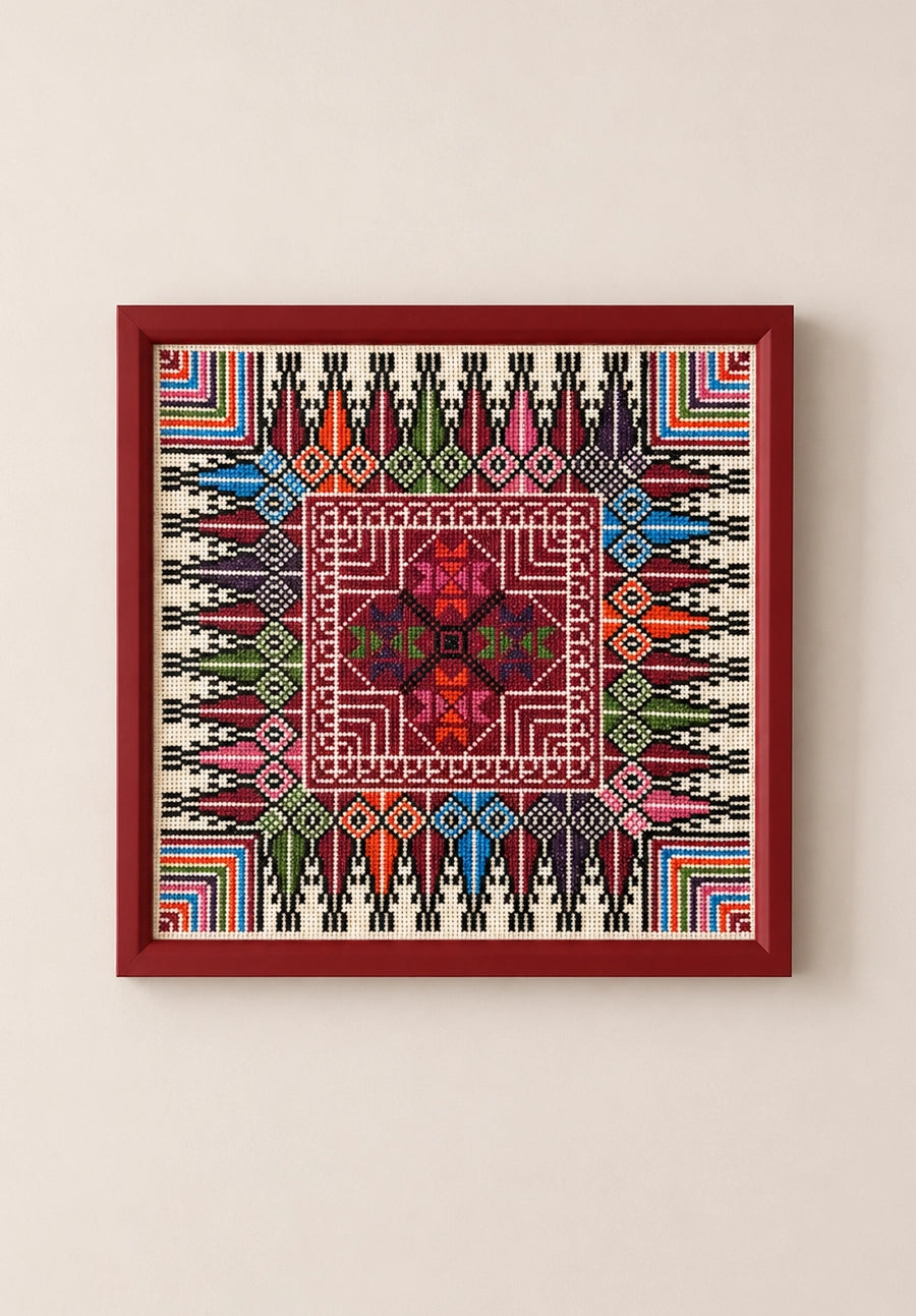 Framed red Palestinian Tatreez Embroidery, Bethlehem