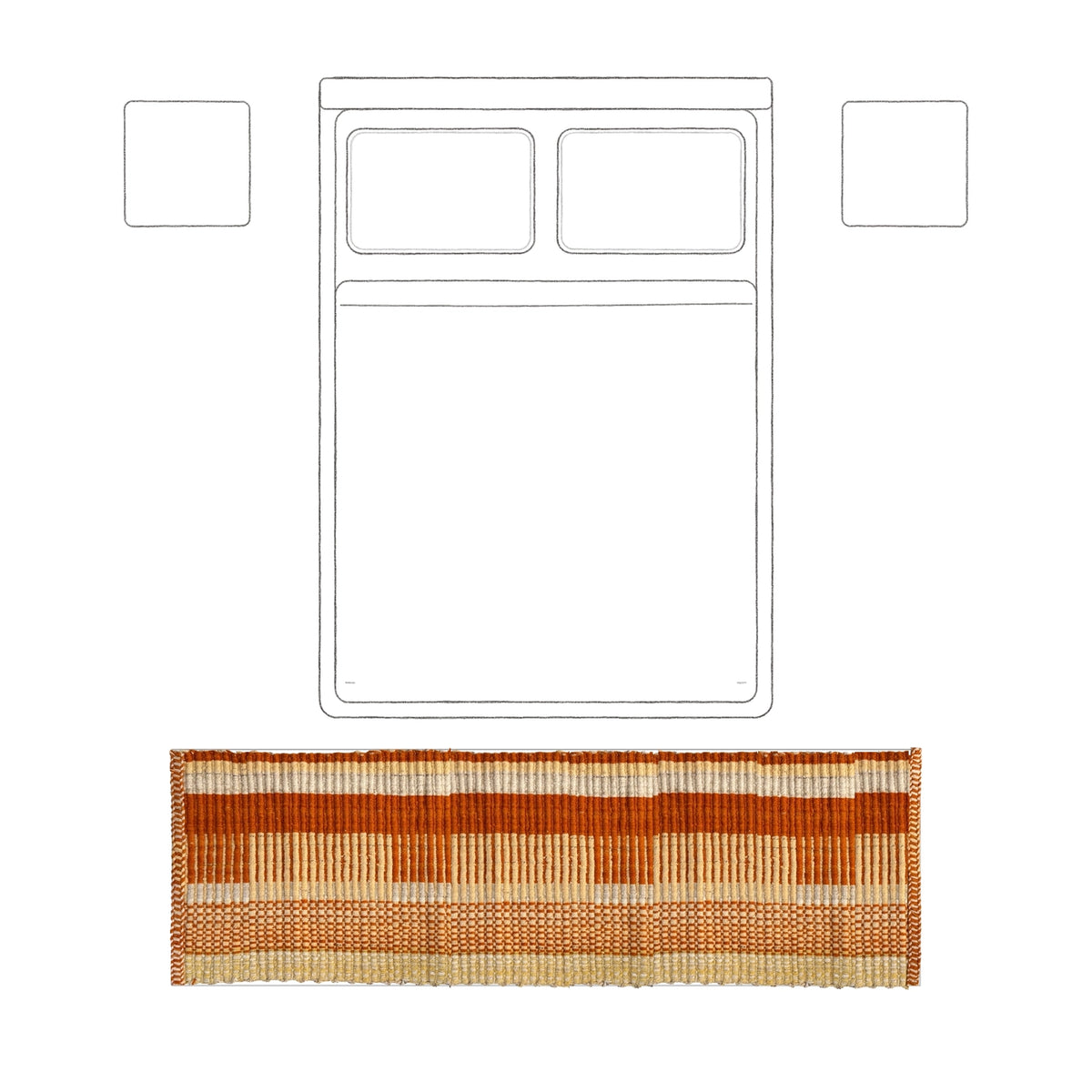 Runner at the foot of the bed: 76 × 240 cm rug placement viewed from above.