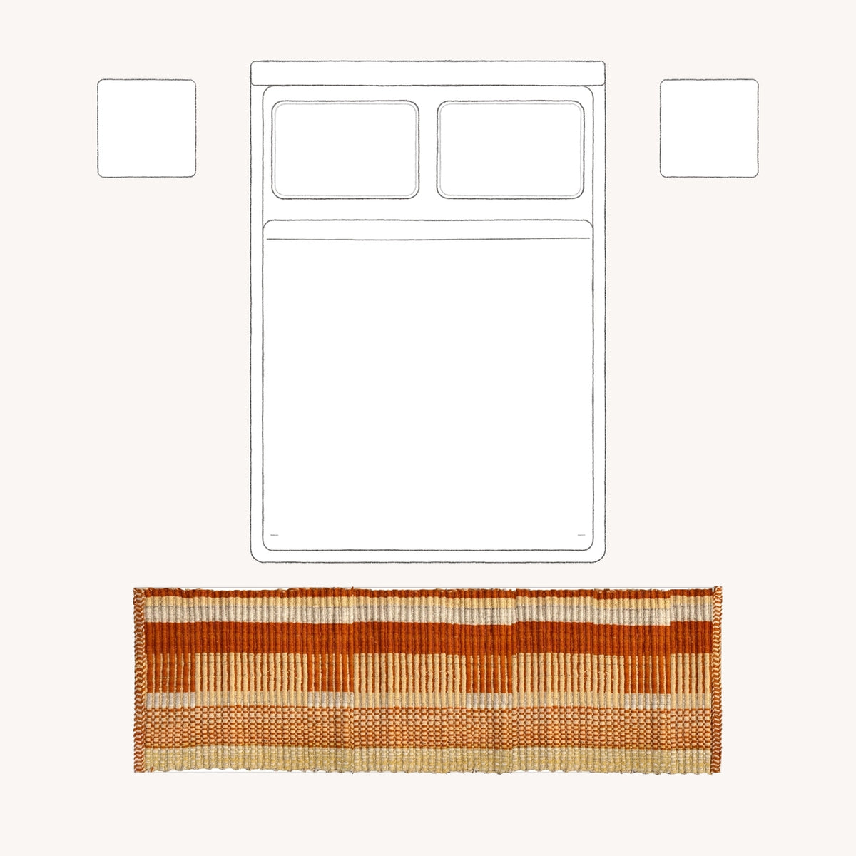 Runner at the foot of the bed: 76 × 240 cm rug placement viewed from above.