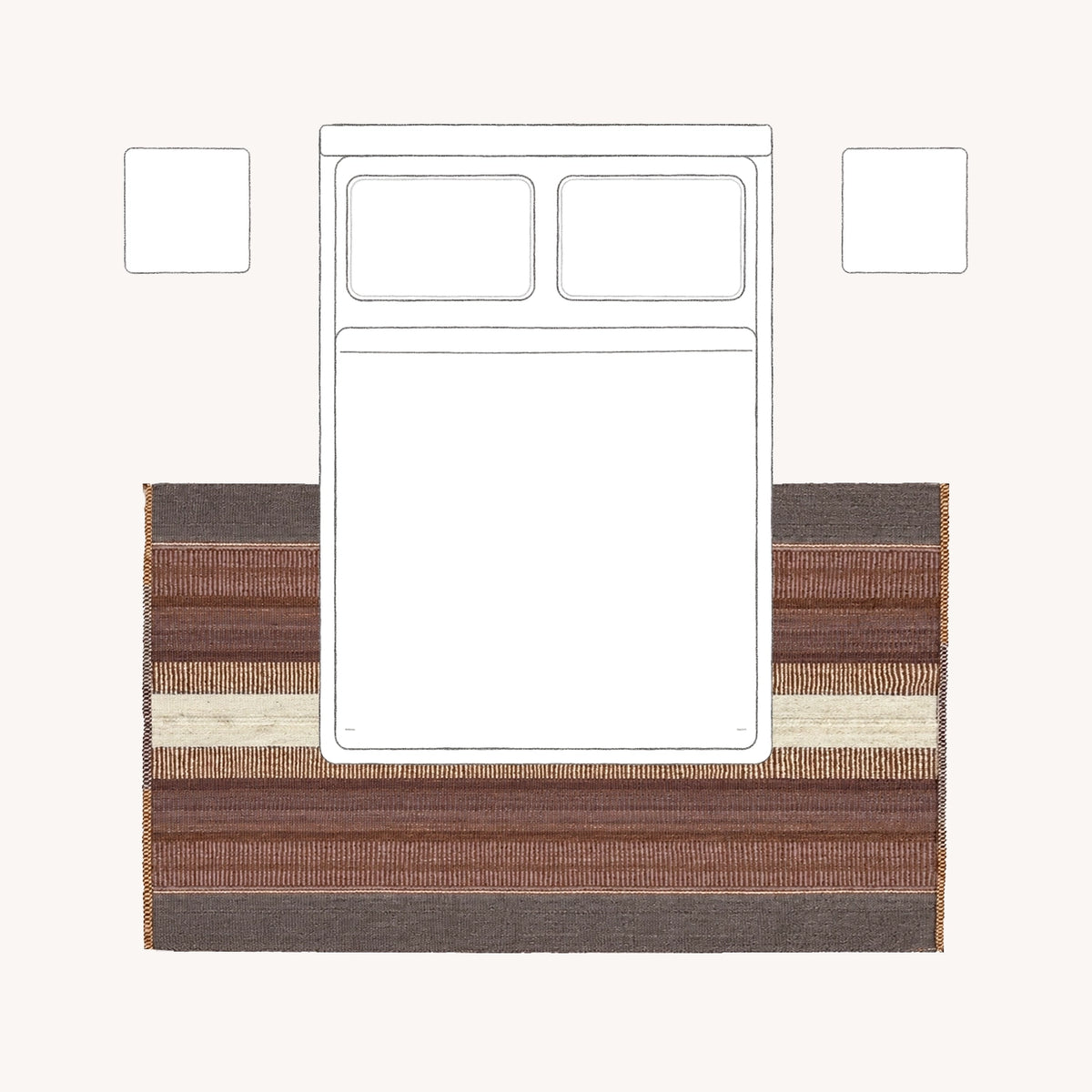 Across the lower part of a bed: 150 × 250 cm rug placement viewed from above.