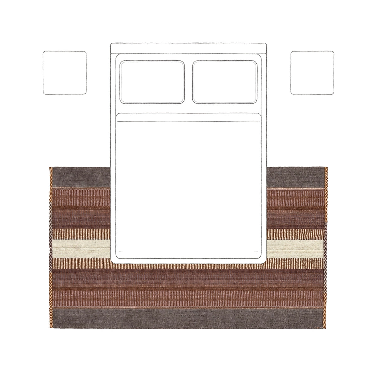 Across the lower part of a bed: 150 × 250 cm rug placement viewed from above.