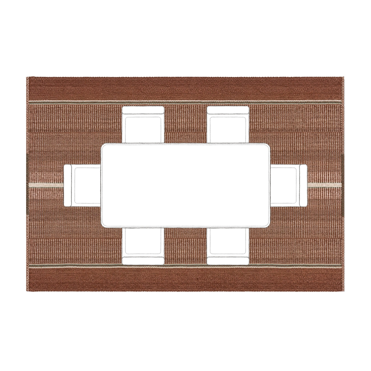 Under a dining table: 200 × 300 cm rug placement viewed from above.