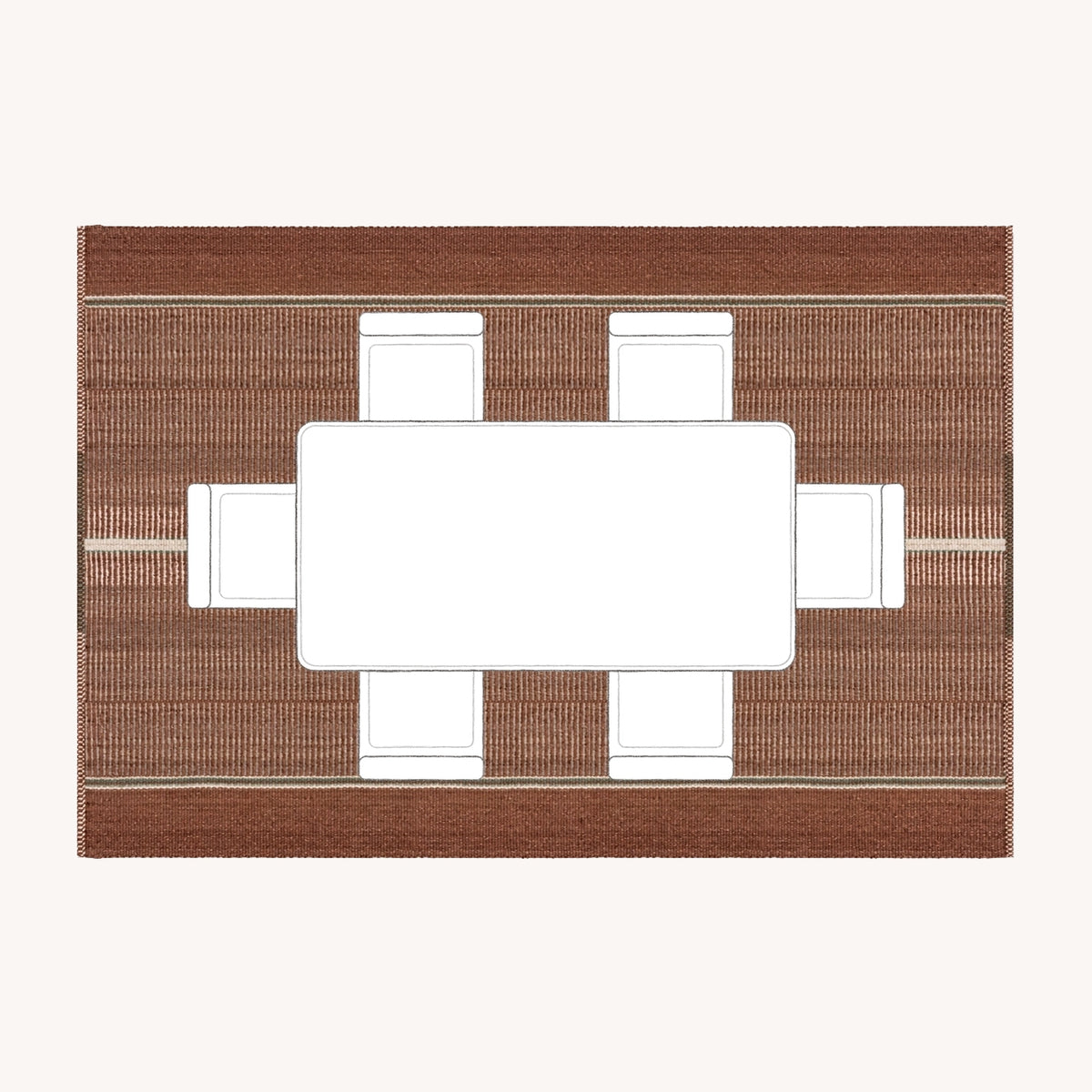 Under a dining table: 200 × 300 cm rug placement viewed from above.