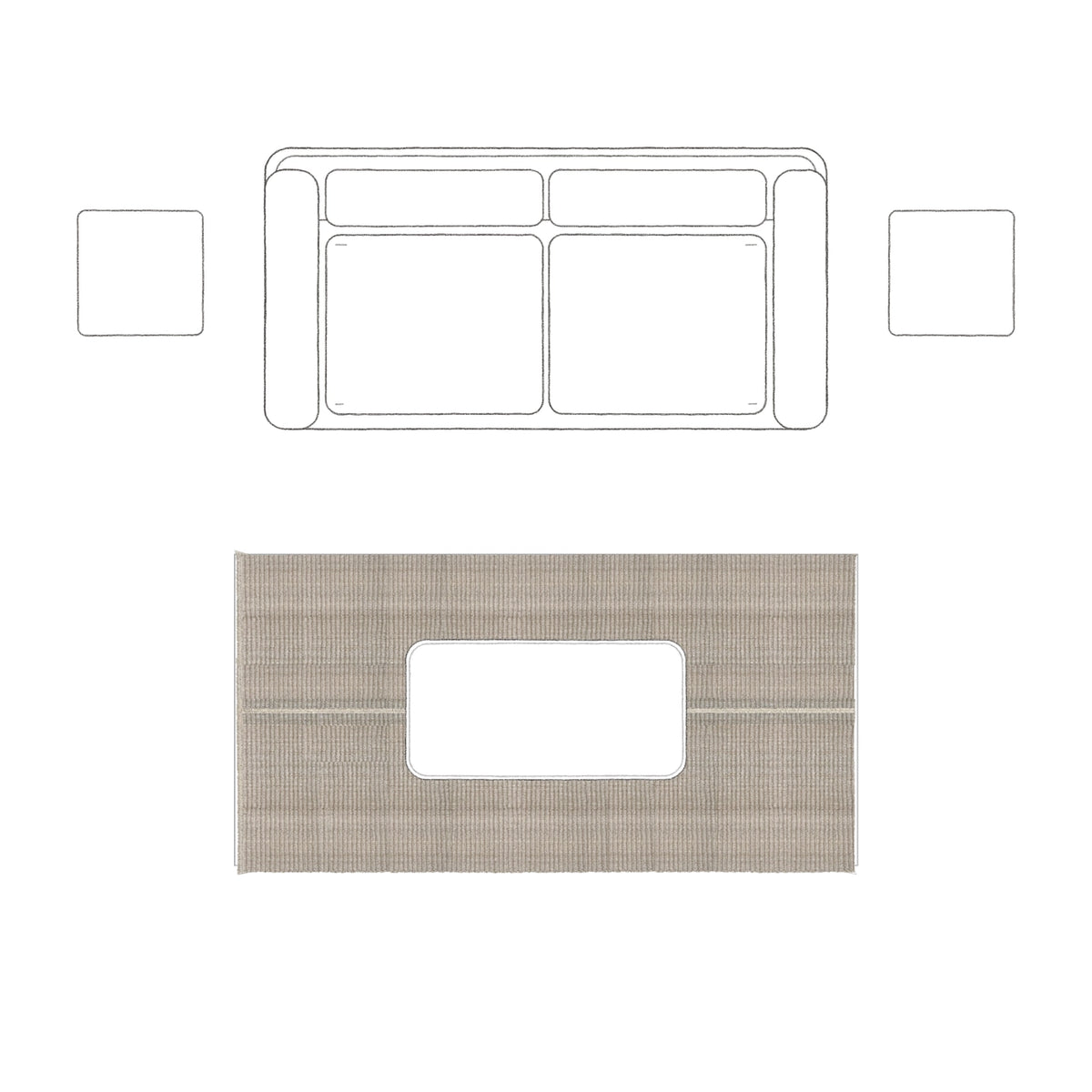 A compact seating nook: 100 × 200 cm rug placement viewed from above.