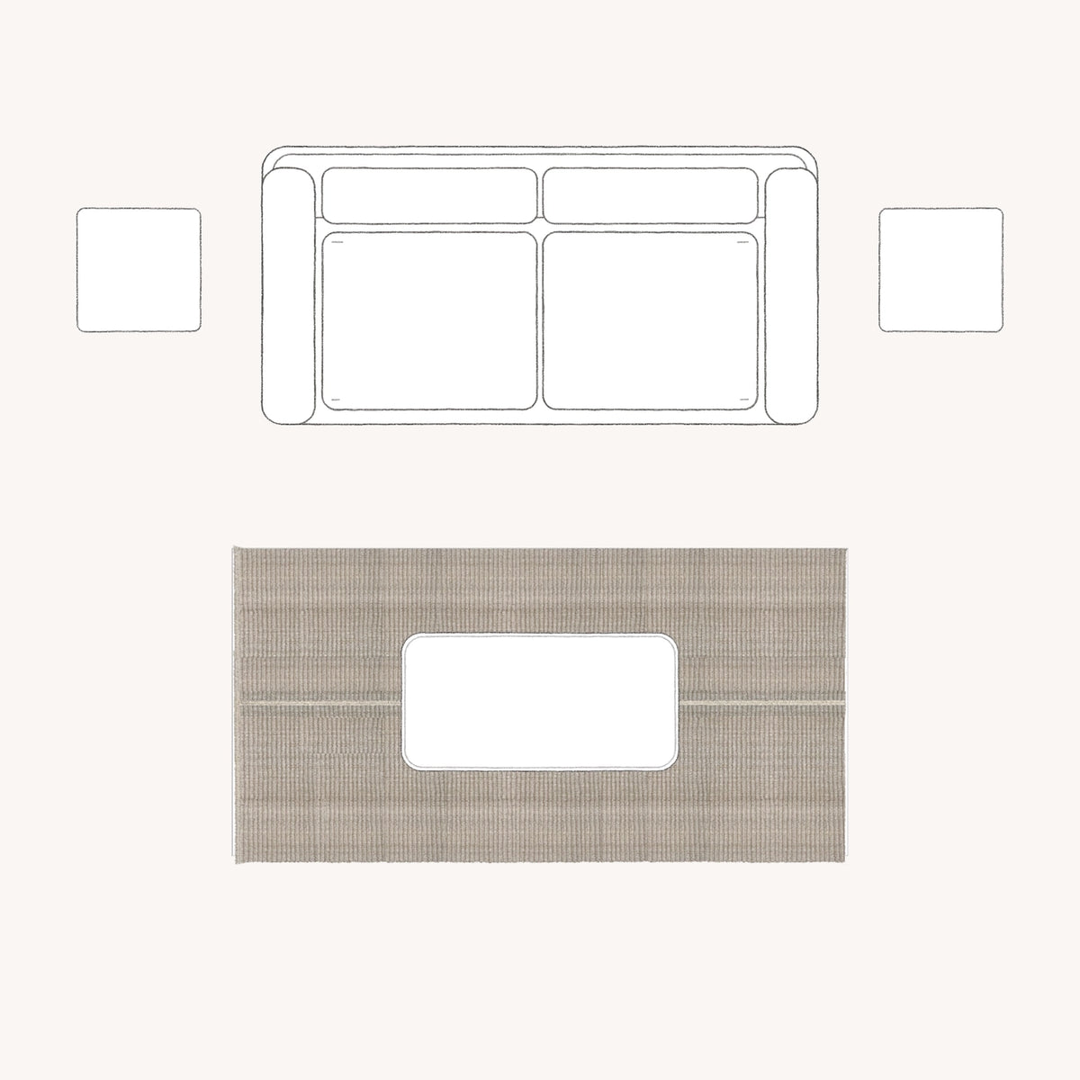 A compact seating nook: 100 × 200 cm rug placement viewed from above.