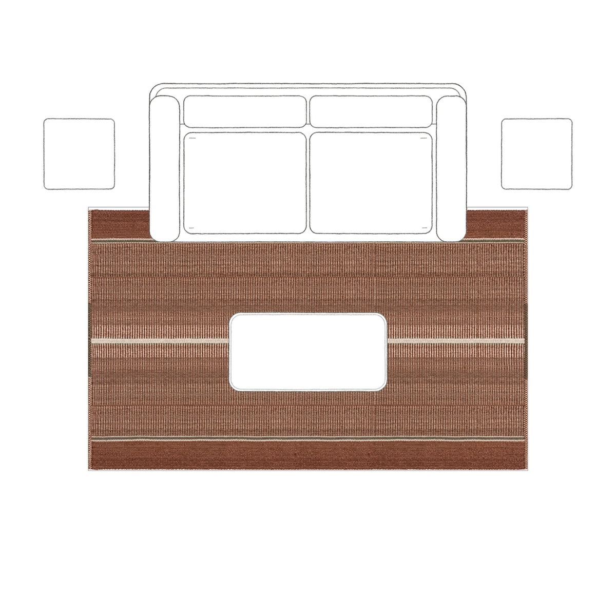 A smaller sofa arrangement: 150 × 250 cm rug placement viewed from above.