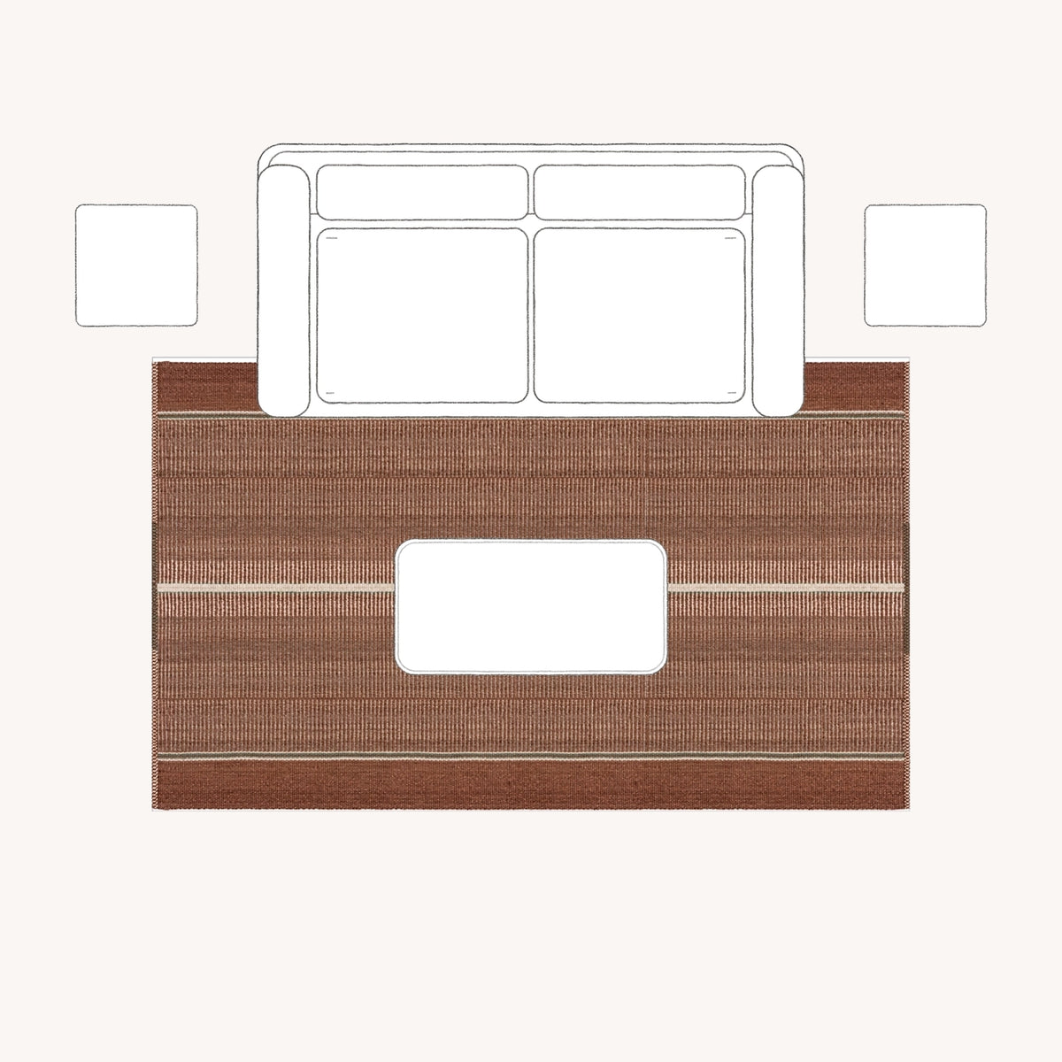 A smaller sofa arrangement: 150 × 250 cm rug placement viewed from above.