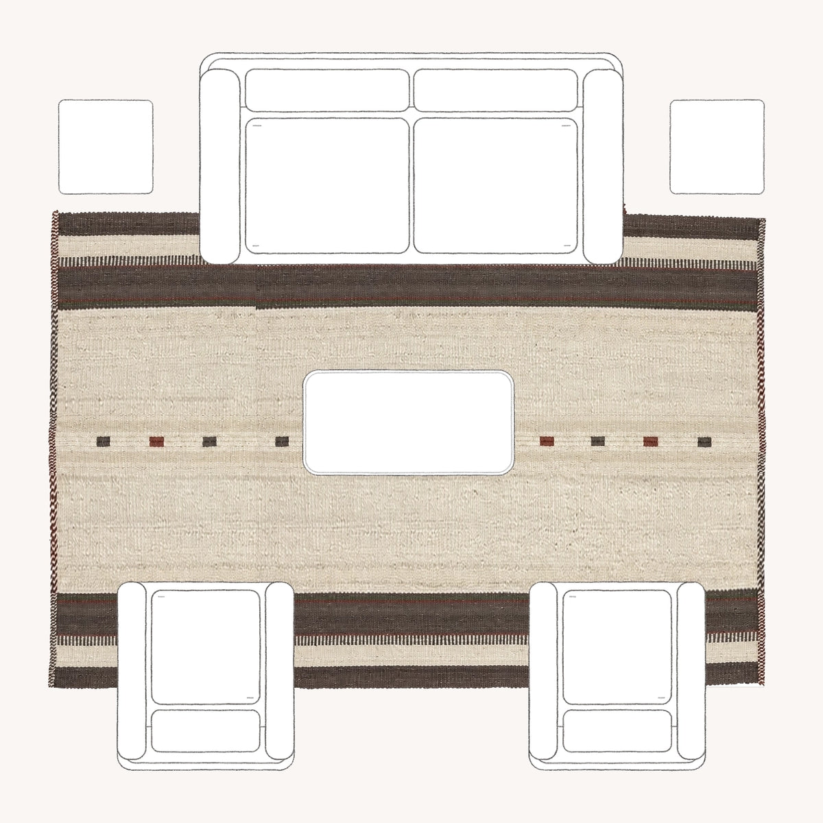 A larger seating area: 200 × 300 cm rug placement viewed from above.