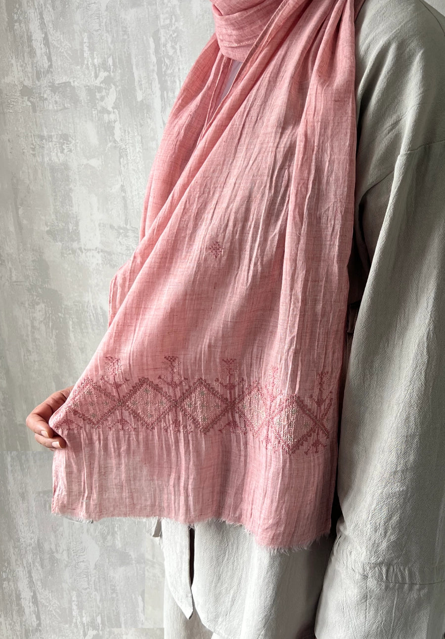 Pink Linen Gauze Tatreez Embroidered Scarf, Hebron - Palestine